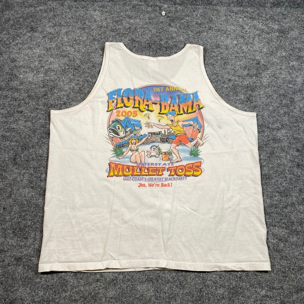 Vintage 2005 Flora-Bama Mullet Toss Tank Top Mens XL White Anvil Graphic Tee